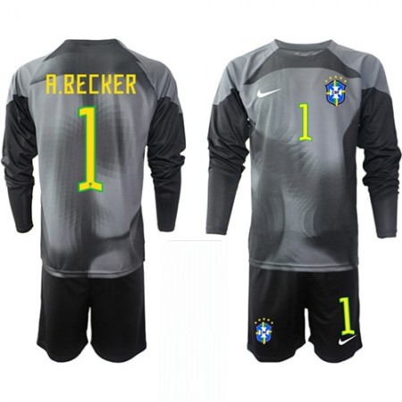 Camiseta de fútbol Brasil A.Becker 1 Portero Niño 1ª equipación Copa Mundo 2022 Manga Larga